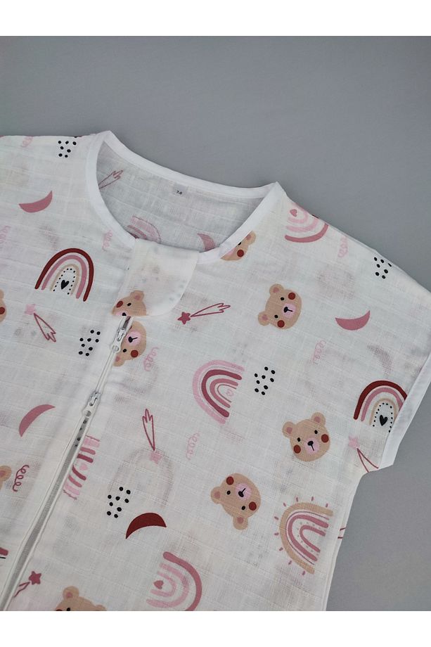 Yazlık Müslin Bebek Çocuk Uyku Tulumu Pembe Ayıcık Desenli 0.5 TOG 24-28Derece %100Pamuk - 3