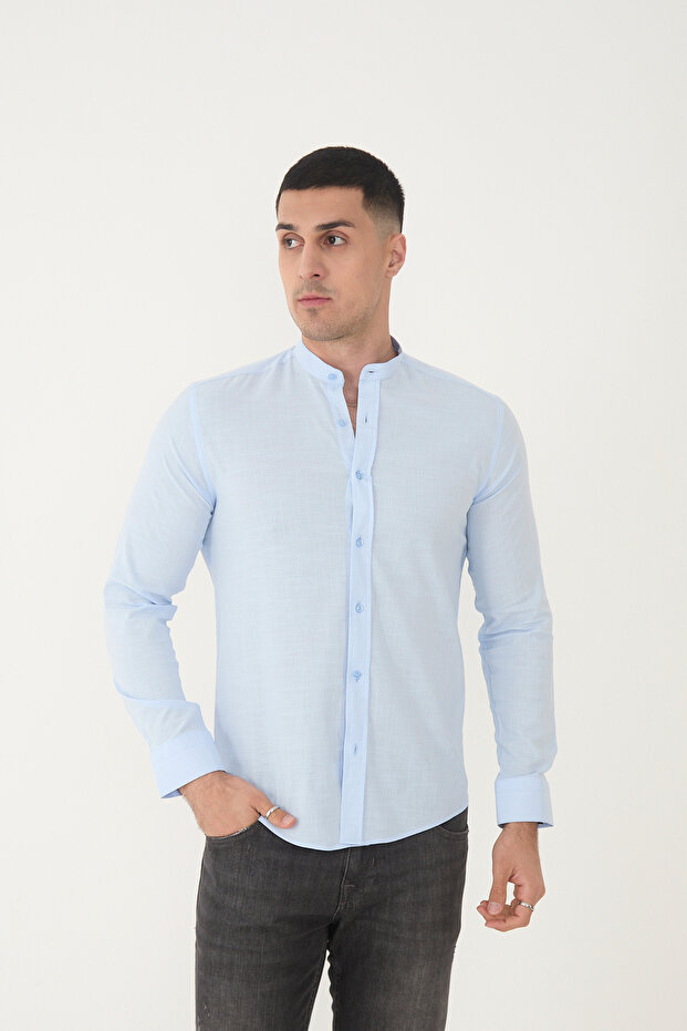 Hakim Lapel Collar 100% Cotton Linen Texture Slim Fit Men's Shirt