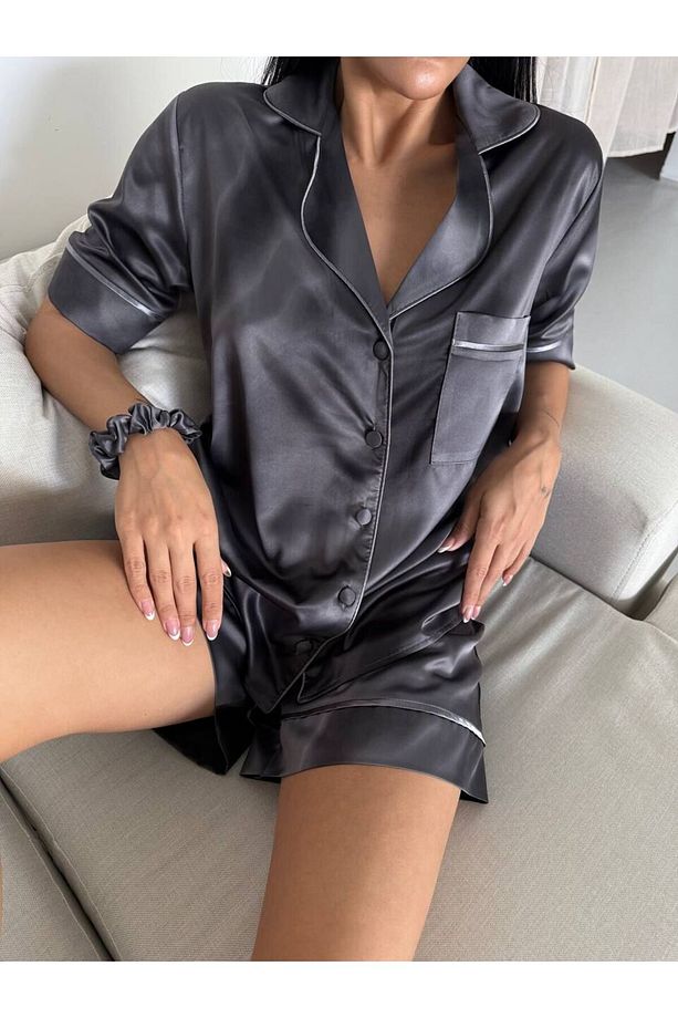 İpek Saten Şortlu Pijama Takımı-L - 4