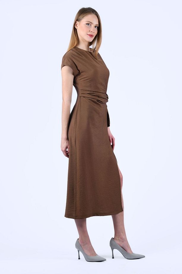 Kahve Kendinden Kemerli Midi Elbise - QE339 - 4