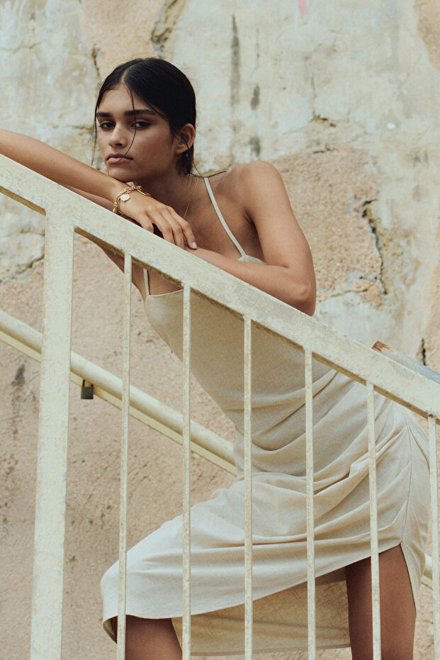 Keten Karışımlı ve Drapeli Elbise - 2