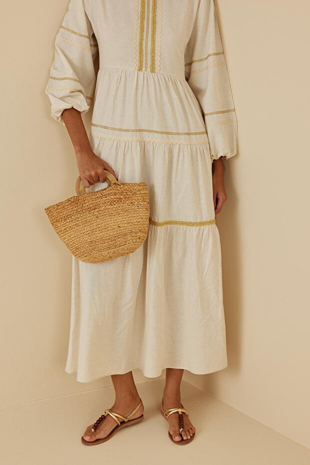 Çok Şeritli Keten Elbise Bej - 4
