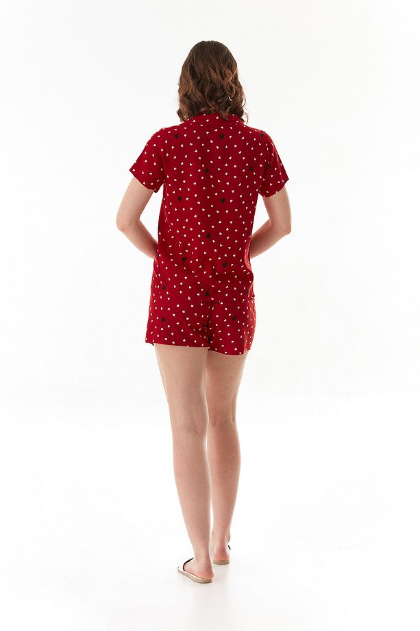 Kalp Desenli Gömlek Yaka Şortlu Pijama Takımı - 5