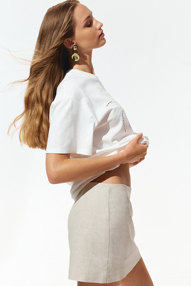 Keten Karışımlı Mini Şort Etek - 1