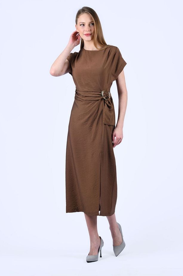 Kahve Kendinden Kemerli Midi Elbise - QE339 - 3