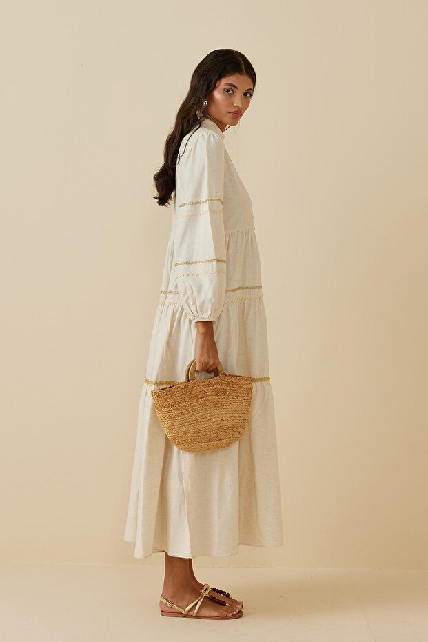 Çok Şeritli Keten Elbise Bej - 7