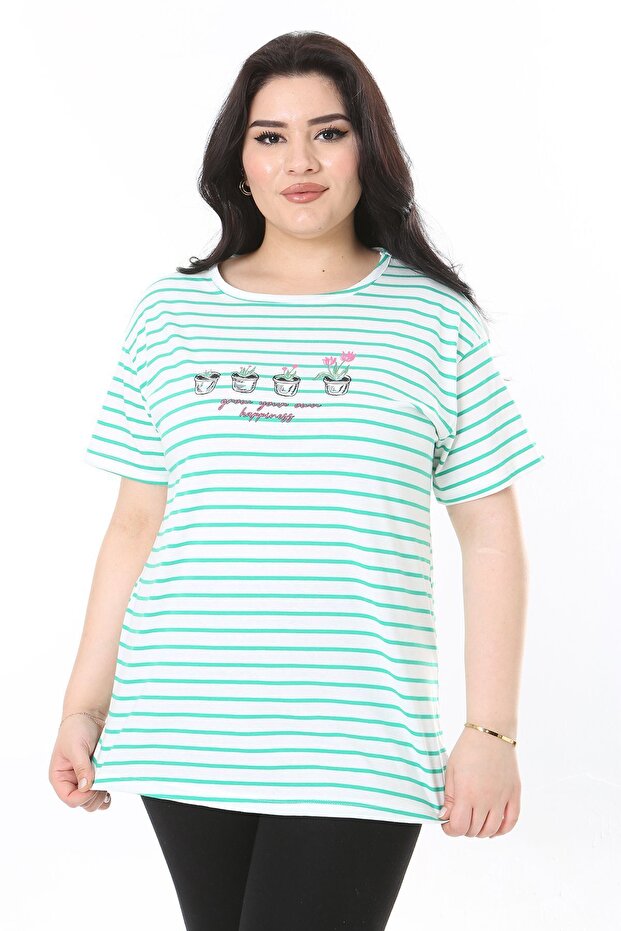 Women's Plus Size Green Crew Neck Short Sleeve Blouse 65N38006