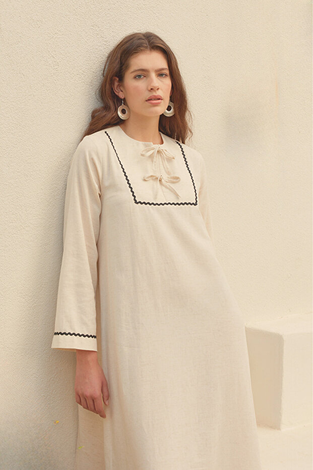 Rahat Keten Elbise Bej - 4