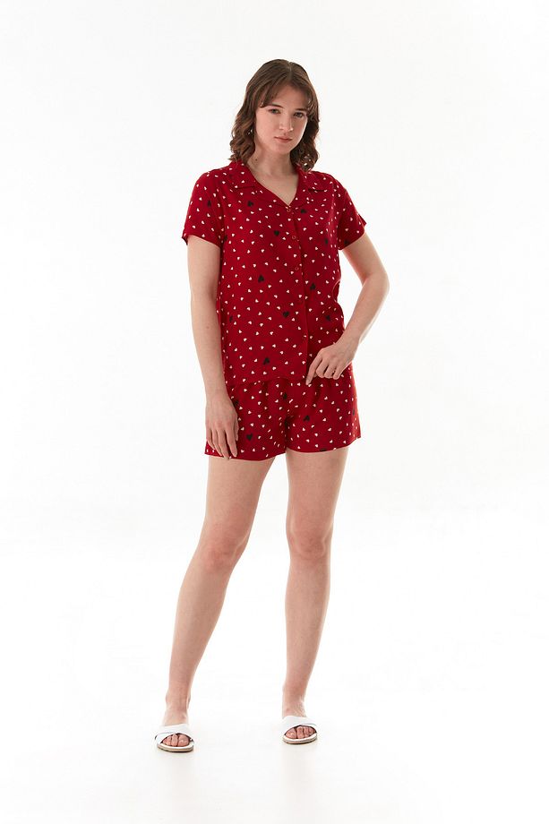Kalp Desenli Gömlek Yaka Şortlu Pijama Takımı - 6