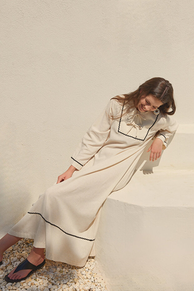 Rahat Keten Elbise Bej - 6