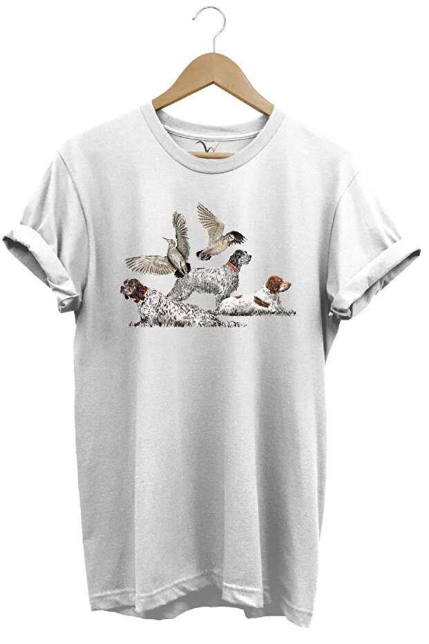 Hunting Hunting Zippered English Setter and Cullery Printed 100% Cotton Regular Fit White T-Shirt