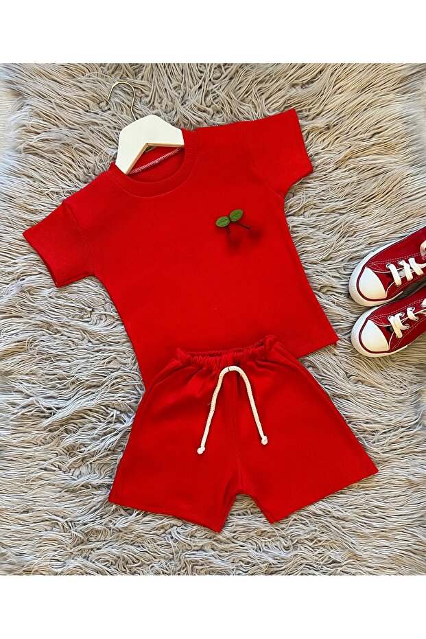 Cherry Detailed Stretchy Camisole Fabric Shorts Tshirt Set of 2