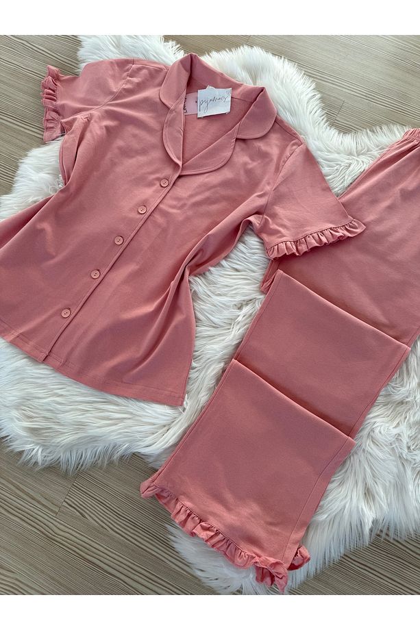 Gül Kurusu Pamuklu Kol ve Paça Fırfır Detaylı Kısa Kol Önden Düğmeli Pijama Takımı - 6