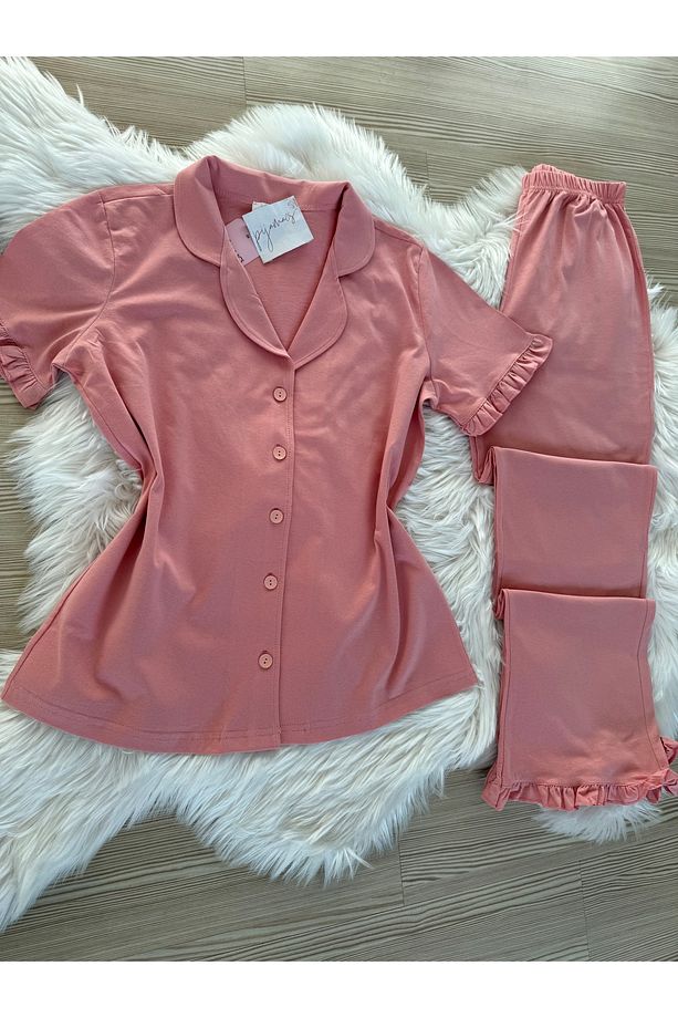 Gül Kurusu Pamuklu Kol ve Paça Fırfır Detaylı Kısa Kol Önden Düğmeli Pijama Takımı - 4