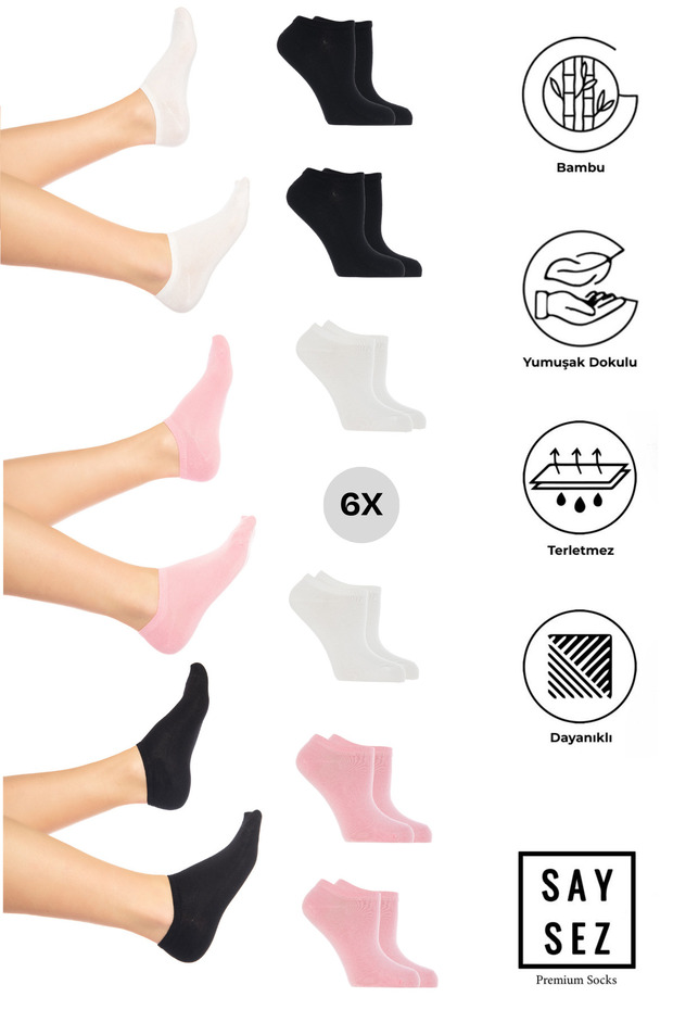 Bamboo Women's Sneaker Black-White-Pink Socks Seamless Invisible Ankle Sports Socks Premium 6-Pack