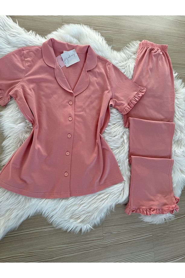 Gül Kurusu Pamuklu Kol ve Paça Fırfır Detaylı Kısa Kol Önden Düğmeli Pijama Takımı - 8