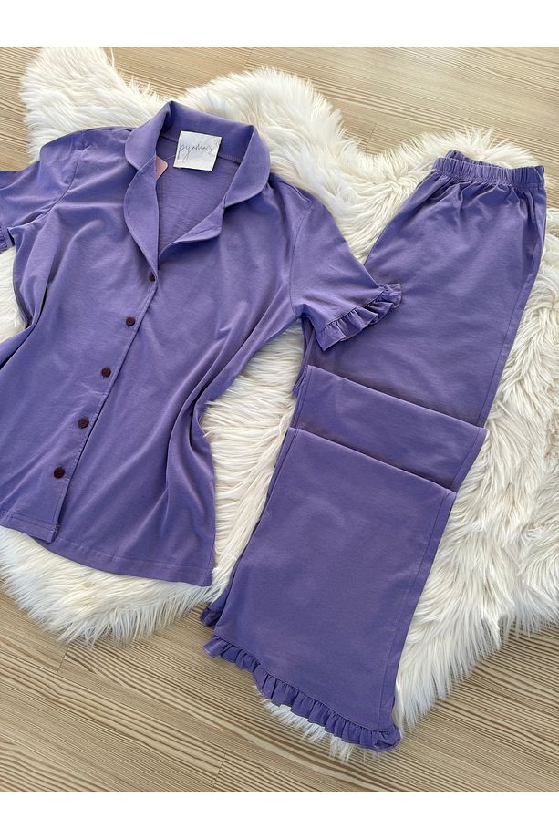 Mor Pamuklu Kol ve Paça Fırfır Detaylı Kısa Kol Önden Düğmeli Pijama Takımı - 4