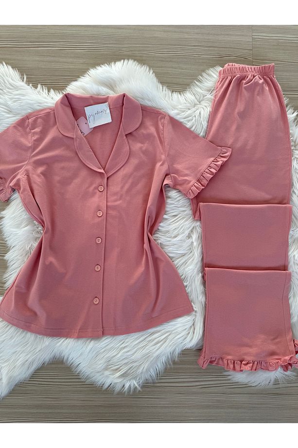 Gül Kurusu Pamuklu Kol ve Paça Fırfır Detaylı Kısa Kol Önden Düğmeli Pijama Takımı - 2