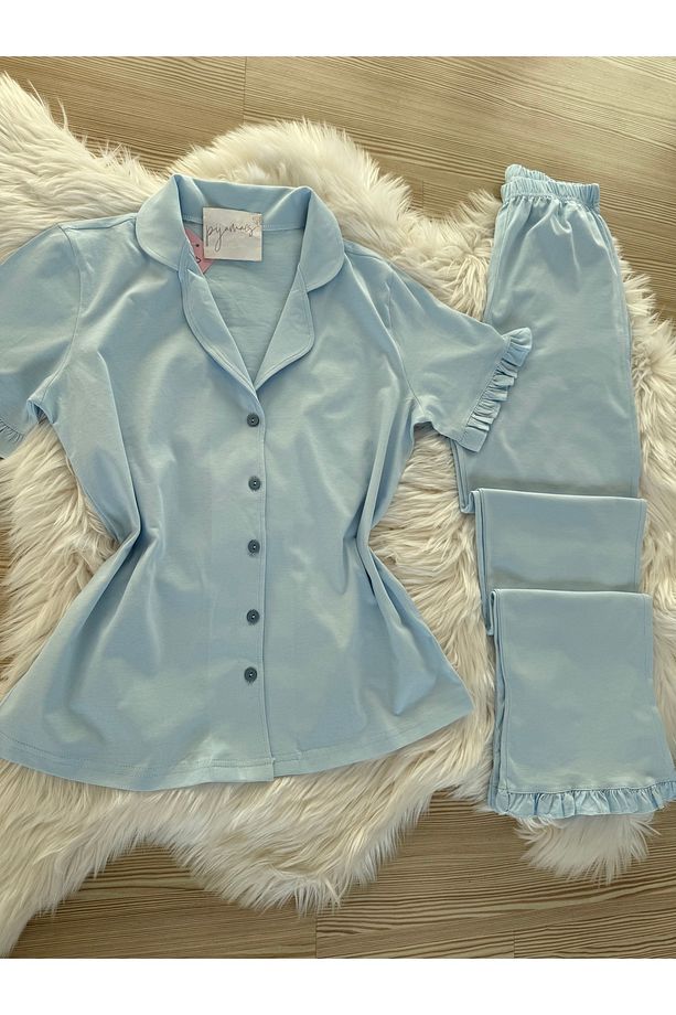 Bebe Mavisi Pamuklu Kol ve Paça Fırfır Detaylı Kısa Kol Önden Düğmeli Pijama Takımı - 3