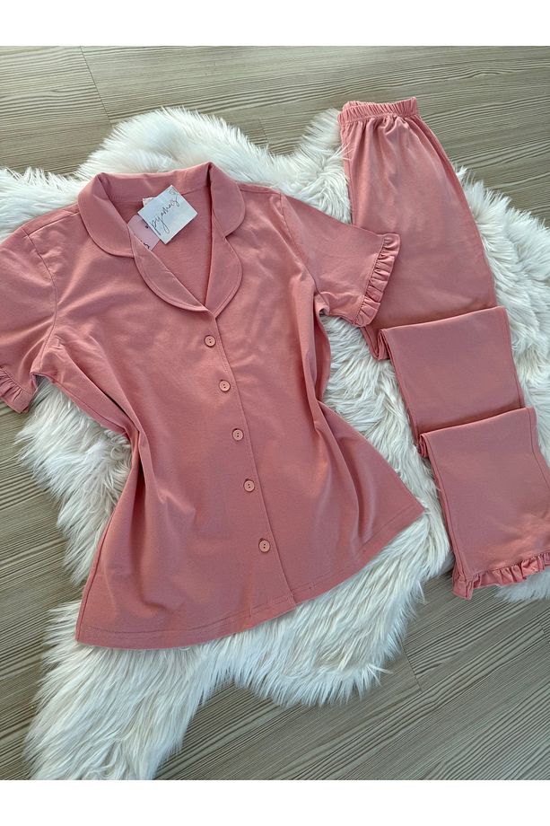Gül Kurusu Pamuklu Kol ve Paça Fırfır Detaylı Kısa Kol Önden Düğmeli Pijama Takımı - 3