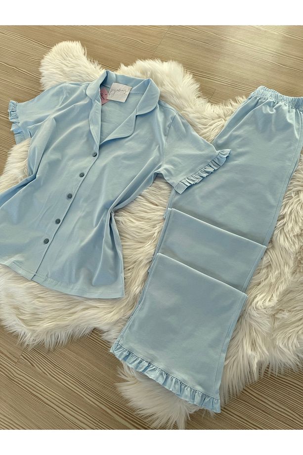 Bebe Mavisi Pamuklu Kol ve Paça Fırfır Detaylı Kısa Kol Önden Düğmeli Pijama Takımı - 7