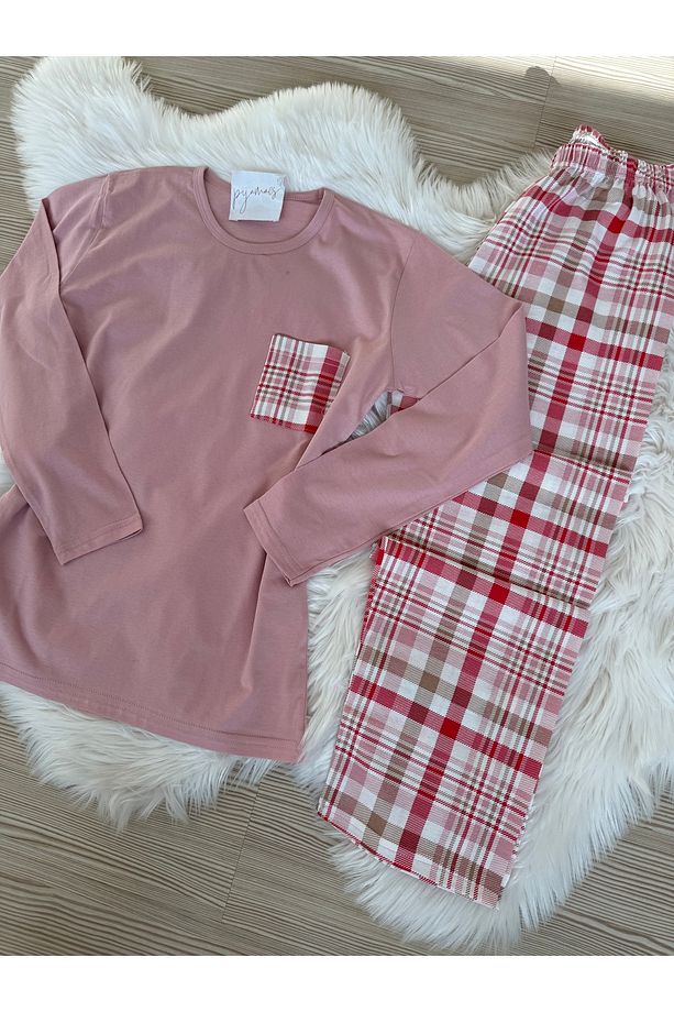 Pembe Ekose Desenli Pamuklu Uzun Kol Örme Pijama Takımı - 7