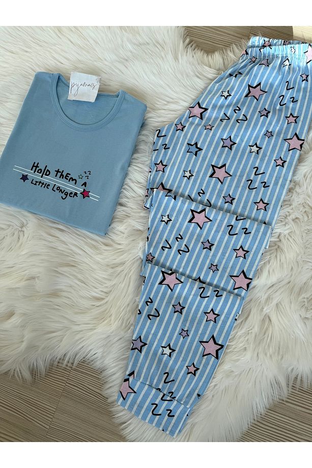Mavi Yıldız Desenli Pamuklu Uzun Kol Örme Pijama Takımı - 4