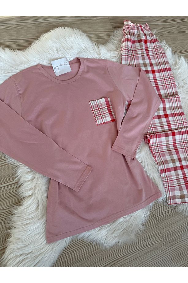 Pembe Ekose Desenli Pamuklu Uzun Kol Örme Pijama Takımı - 6