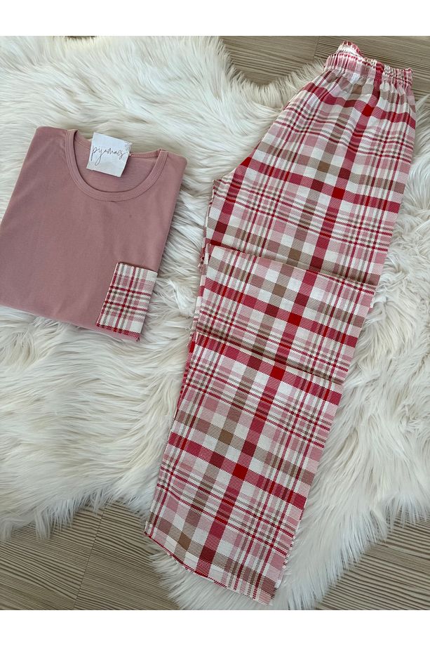 Pembe Ekose Desenli Pamuklu Uzun Kol Örme Pijama Takımı - 5