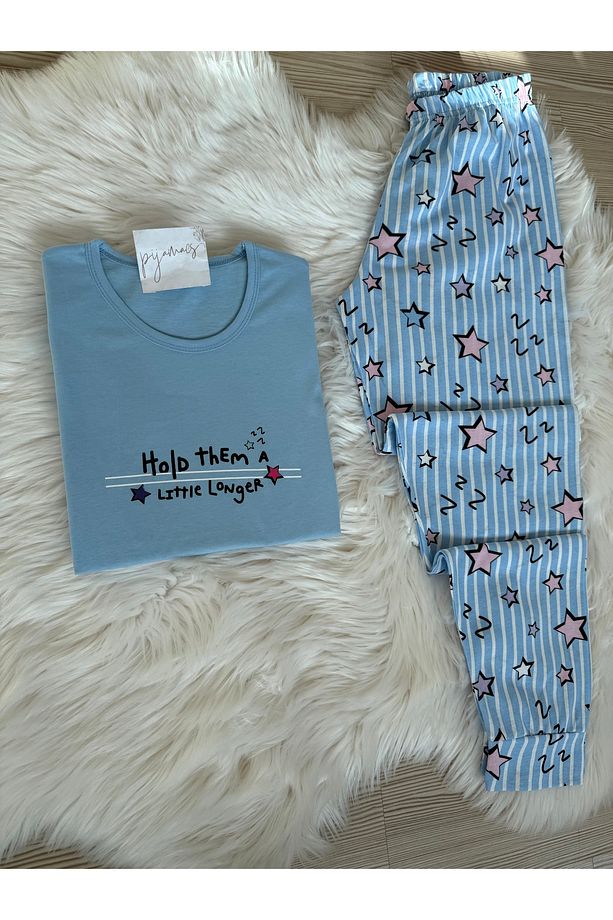 Mavi Yıldız Desenli Pamuklu Uzun Kol Örme Pijama Takımı - 2