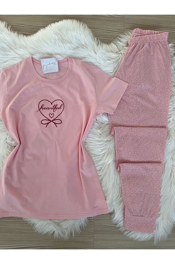 Pembe Mini Kalp Desenli Pamuklu Kısa Kol Örme Pijama Takımı - 8