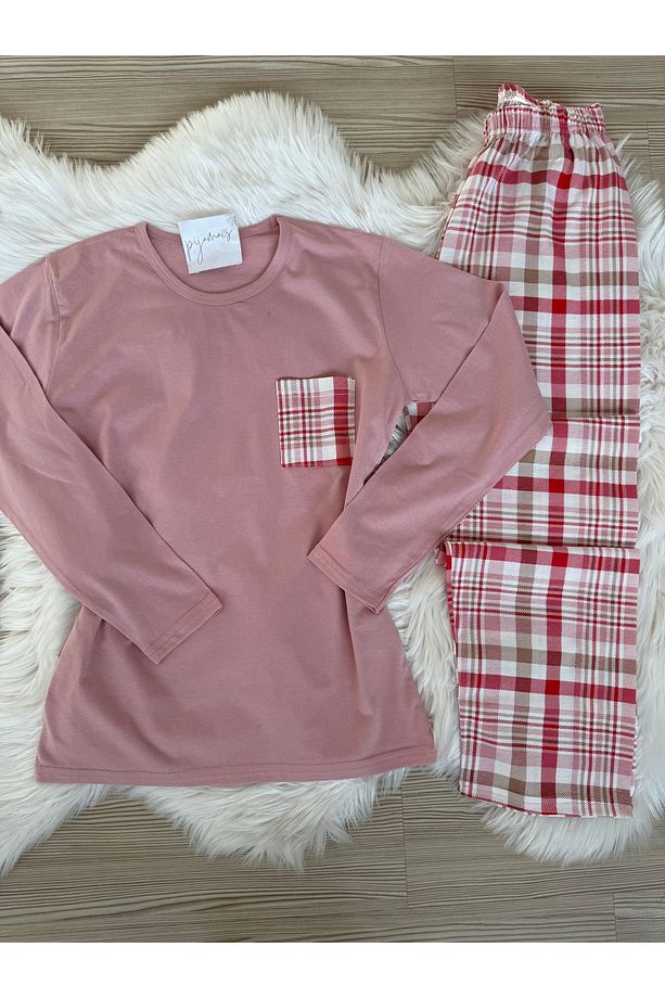 Pembe Ekose Desenli Pamuklu Uzun Kol Örme Pijama Takımı - 8