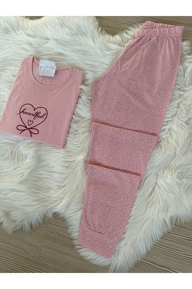 Pembe Mini Kalp Desenli Pamuklu Kısa Kol Örme Pijama Takımı - 5