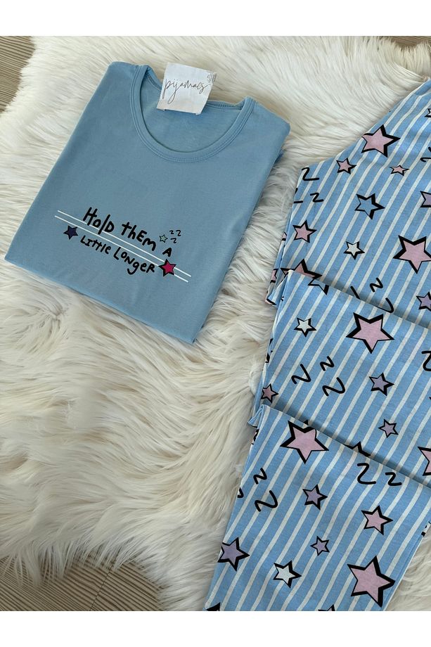 Mavi Yıldız Desenli Pamuklu Uzun Kol Örme Pijama Takımı - 5