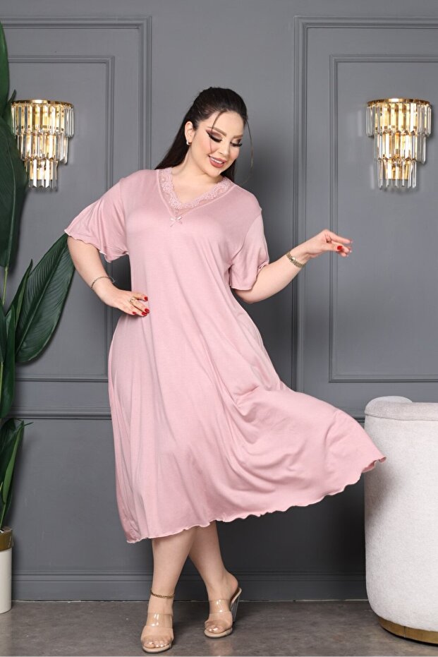 Bamboo V-Neck Lace Detailed Skirt Flared Dress Plus Size 6XL