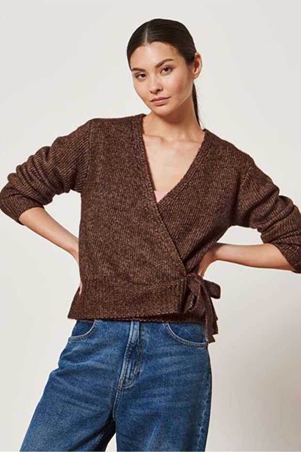 Women Surplice Neck Knitted Cardigan, Brown