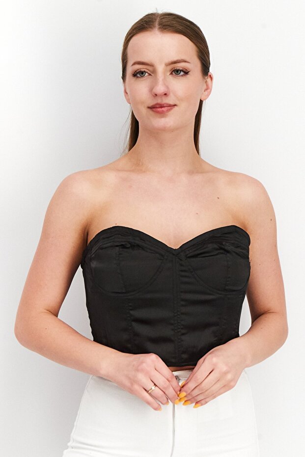 Design Women Sweetheart Strapless Plain Bustier Corset Top, Black
