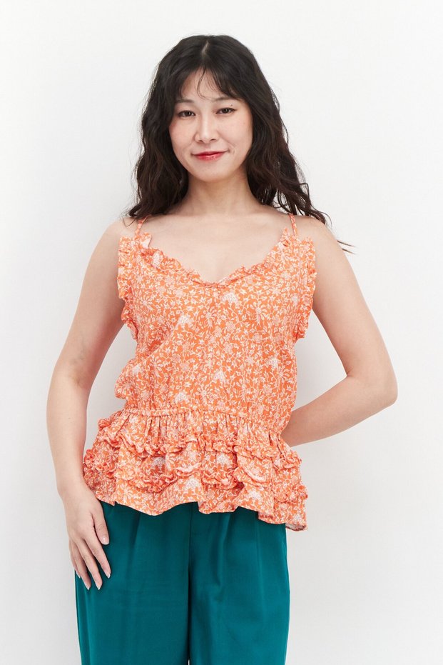 Women Ruffle Collar Floral Print Sleeveless Top, Dark Orange