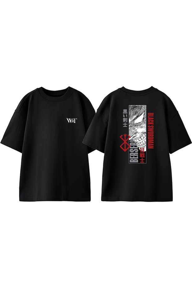 Berserk Black Swordman Design Back Printed Cotton Black Oversize T-Shirt