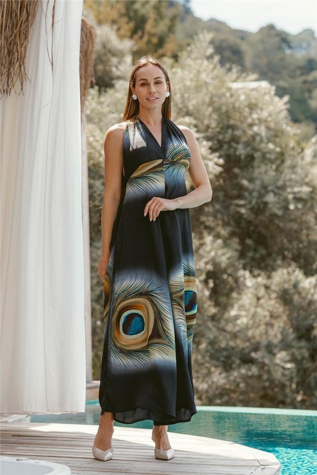 Black Endless Summer Pattern Halter Neck Backless Silk Jumpsuit