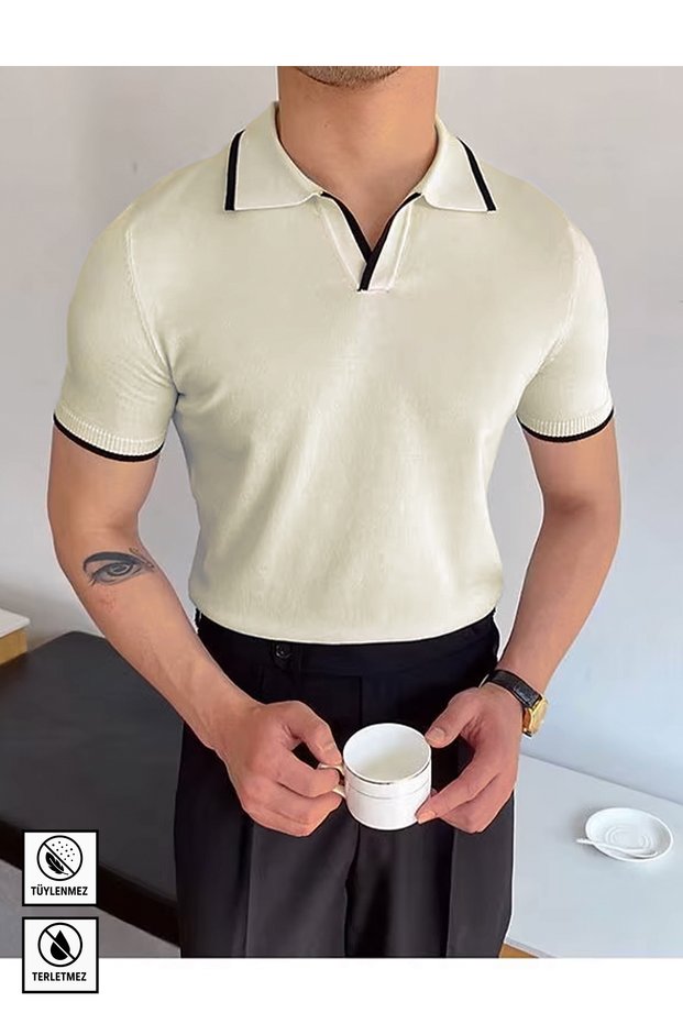 Men's Old Money Polo Neck Knitwear T-Shirt White Stripe Detailed Anti-Sweat Anti-Pilling