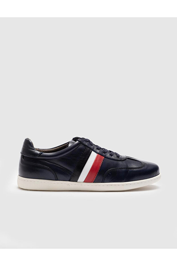 Genuine Leather Navy Blue Lace-Up Men's Sports Shoes