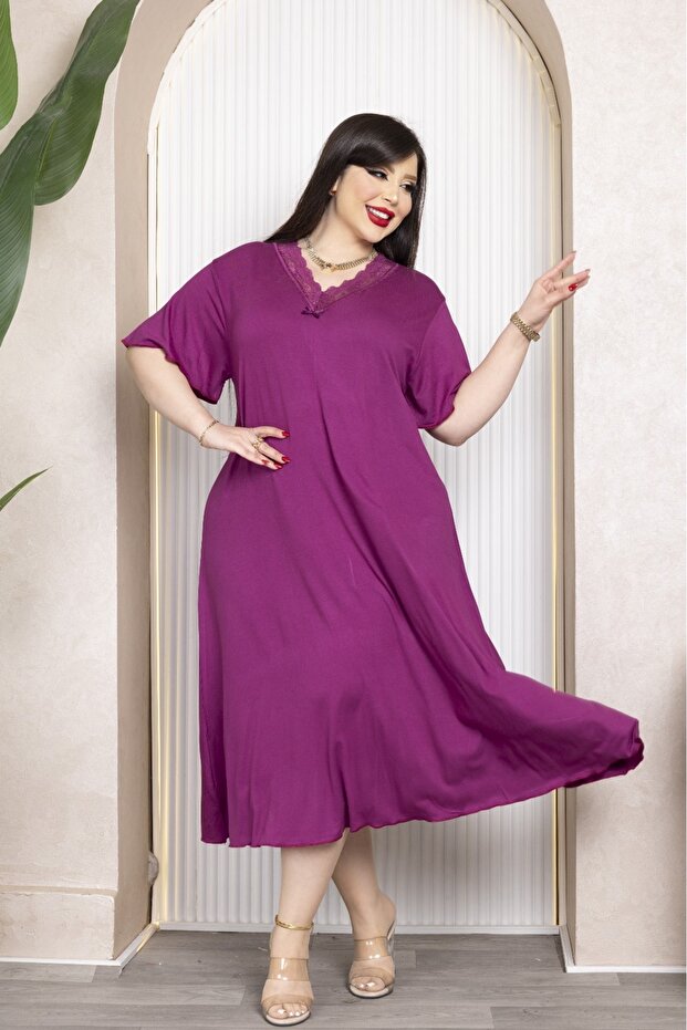 Bamboo V-Neck Lace Detailed Skirt Flared Dress Plus Size 6XL