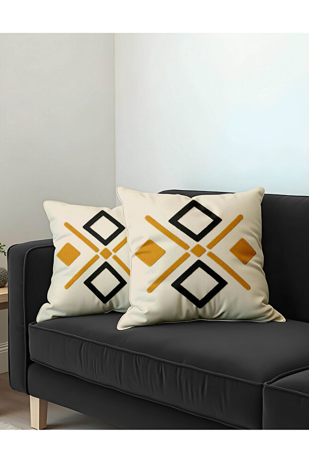Punch Embroidery Patterned Geometric Yellow Black Color Digital Printed 2-Piece Throw Pillow Cover