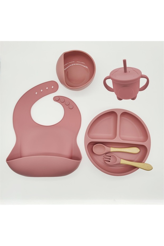 Dark Pink-6Pcs Children's Dishes Set Baby Silicone 6/8-piece Tableware Set Suction Cups Forks Spoons