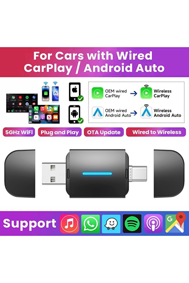 ضمان 365 يومًا 2 في 1 محول CarPlay اللاسلكي وصندوق Android Auto Mini ذو الواجهة المزدوجة من النوع C / USB Uni