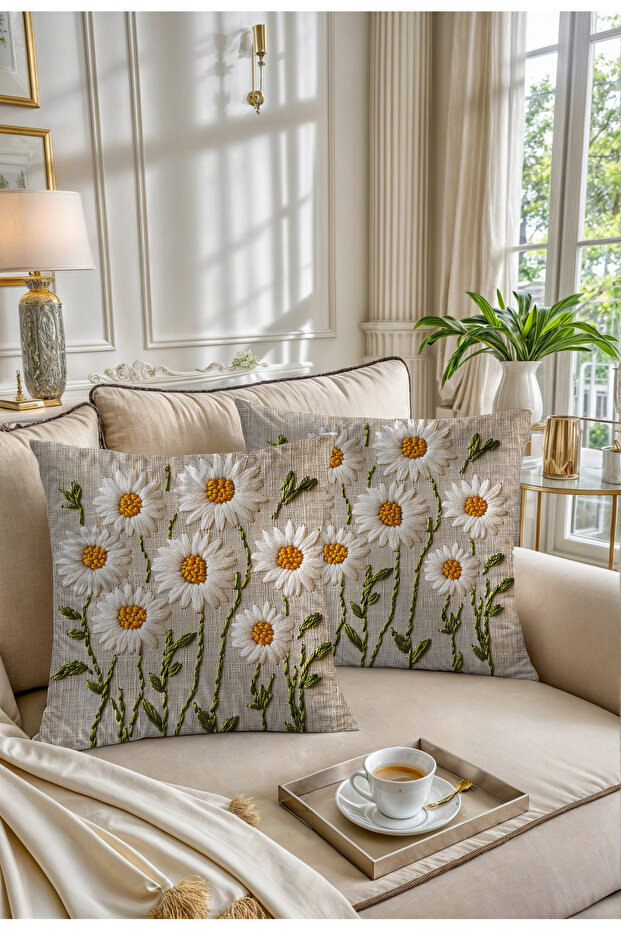 Daisy Punch Embroidery Pattern Digital Printed Nature Themed Decorative 2-Piece Throw Pillow - Pillowcase
