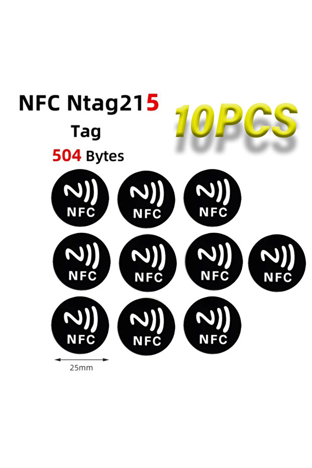 ملصقات NFC سوداء (10 قطع) وملونة (10 قطع) سريعة القراءة، بتردد 13.56 ميجاهرتز وسعة 540 بايت، بتقنية RFID.