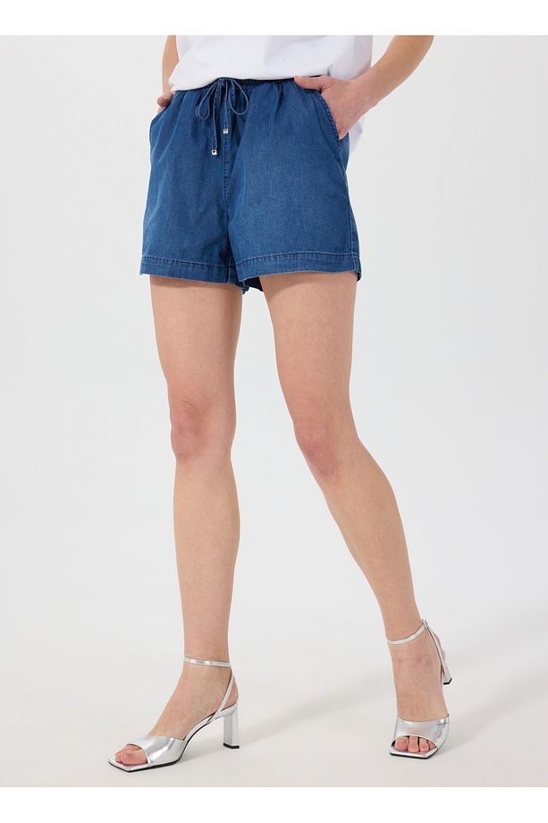 Lastikli Bel Normal Lacivert Kadın Denim Şort M5SL-SRT1102 - 2