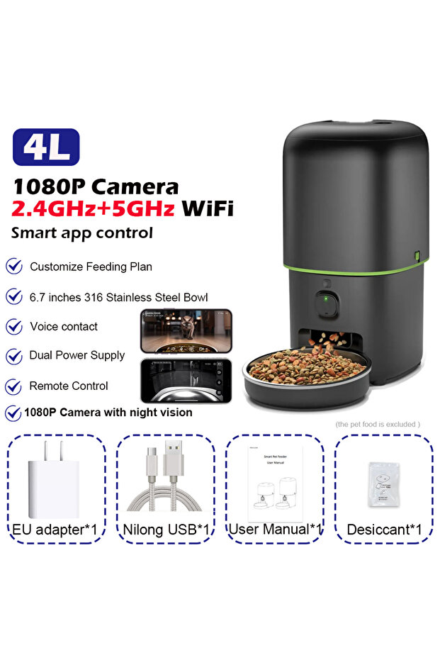 WiFi 1080P Camera Automatic Cat Feeder Camera Pet Smart Cat Food Kibble Dispenser 2.4G/5GWiFi Tuya A